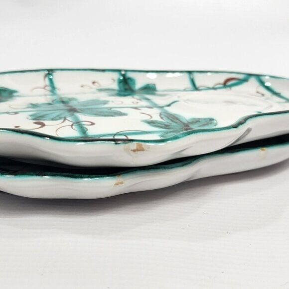 HAND PAINTED Green Floral Majolica Pottery Snack Set Made in Italy - Picture 9 of 13